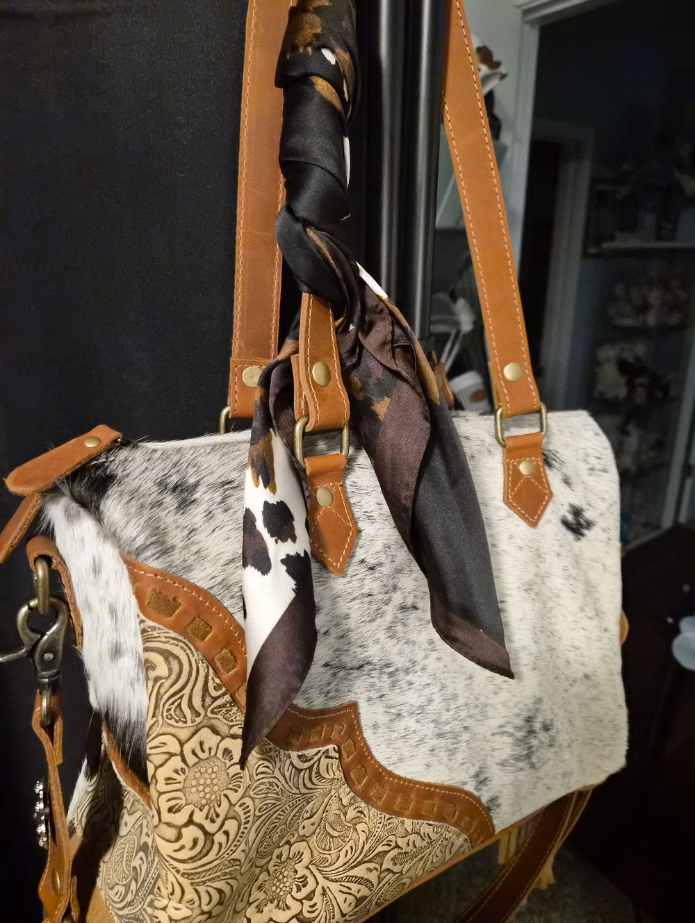 MYRA Cowhide Tote Bag with Brown Leather Trim CONCEAL & CARRY NWOT 14X10X5